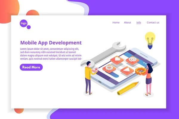 Mobile App Development Conceito Isométrico Modelo Landing Page Ilustração Vetorial —  Vetores de Stock