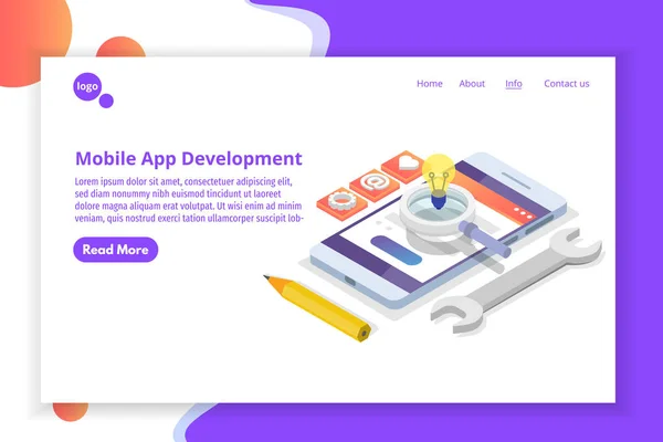 Mobile App Development Conceito Isométrico Modelo Landing Page Ilustração Vetorial — Vetor de Stock