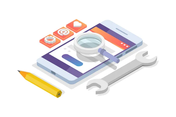 Mobile App Development Conceito Isométrico Modelo Landing Page Ilustração Vetorial —  Vetores de Stock