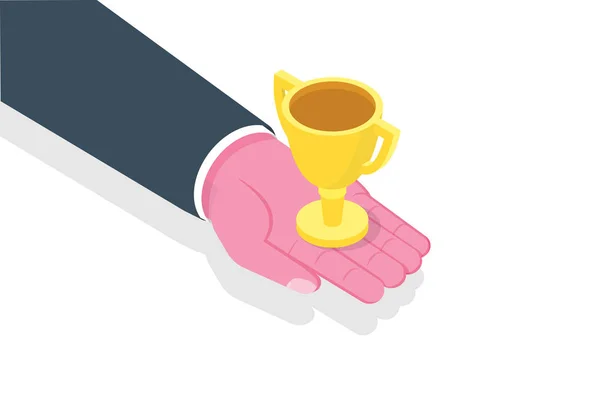 Hand Give Trophy Cup Success Victory Team Concept Isometric Vector — Stock Vector
