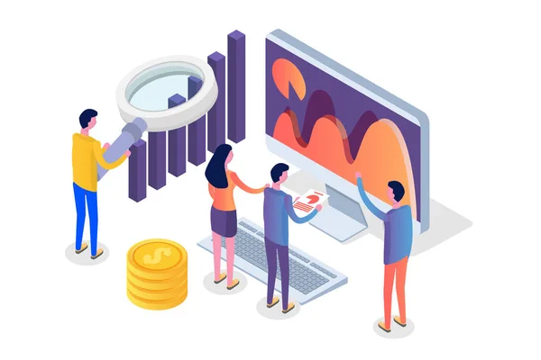 Dataanalys Sökmotoroptimering Webbplats Position Isometrisk Koncept Vektorillustration — Stock vektor