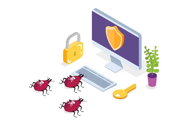 Комп Ютерний Вірус Ізометрична Концепція Захисту Даних Мережеві Дані Безпека — стоковий вектор