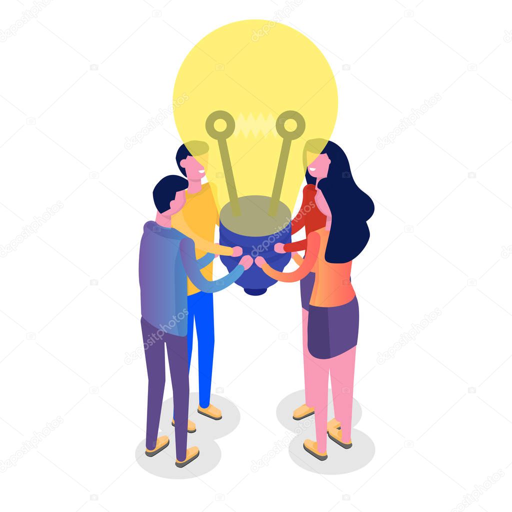 Teamwork concept isometric, people working together, business team solution. Vector illustration.