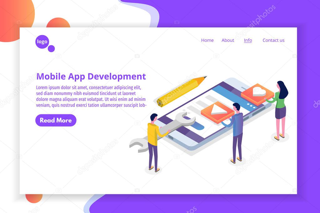 Mobile App Development isometric concept.  Landing page template. Vector illustration.