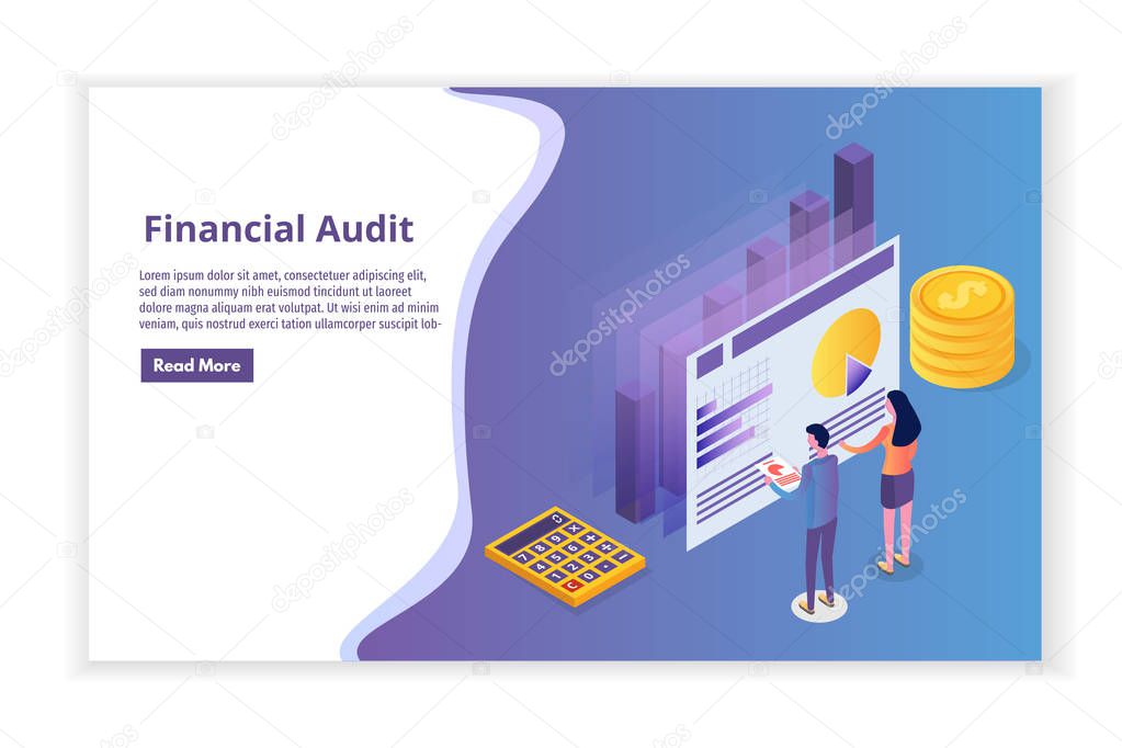 Financial administration, examiner, audit isometric concept with characters. Company tax and account. 