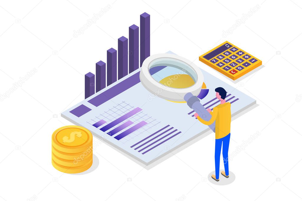 Financial administration, examiner, audit isometric concept with characters. Company tax and account. 