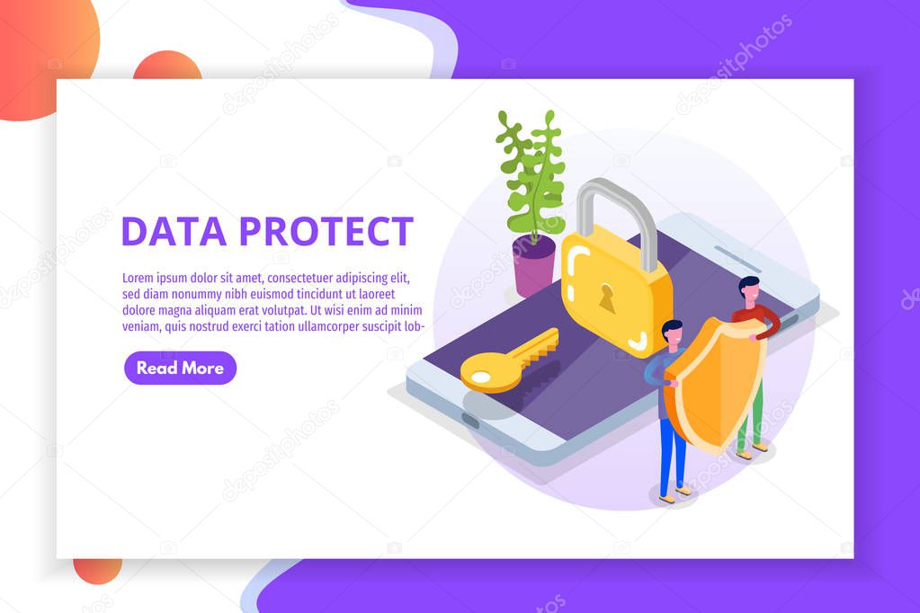 GDPR, Data Protection isometric concept, Network data, Internet security, Secure bank transaction.    Character Vector illustration.