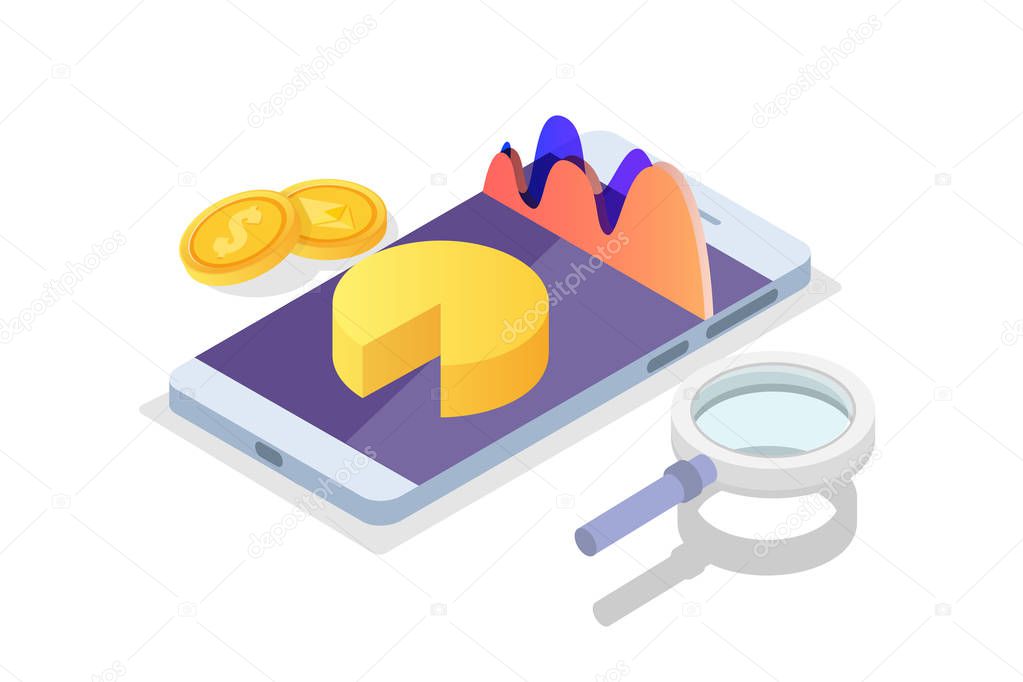 Data analysis, search engine optimization,  site position isometric concept. Vector illustration.