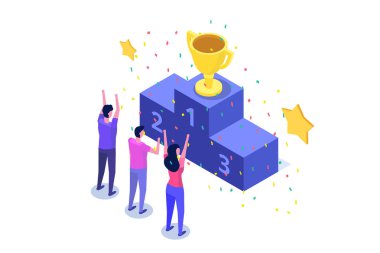 Kazanmak, izometrik kazanan iş, başarı ve başarı kavramı karakterlerle.