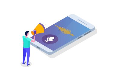 İletileri ses, ses tanıma izometrik kavramı ile karakter. Web afiş, açılış sayfası şablonu, infographics için kullanabilirsiniz.