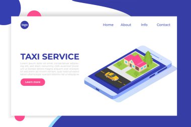Online mobil taksi app izometrik kavramı. GPS rota noktası ve sarı taksi.