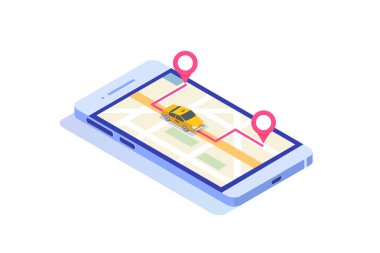 Online mobil taksi app izometrik kavramı. GPS rota noktası ve sarı taksi.