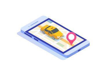 Online mobil taksi app izometrik kavramı. GPS rota noktası ve sarı taksi.