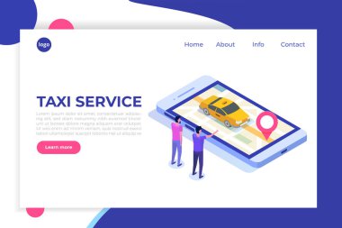 Online mobil taksi app izometrik kavramı. GPS rota noktası ve sarı taksi.