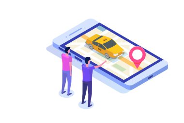 Online mobil taksi app izometrik kavramı. GPS rota noktası ve sarı taksi.