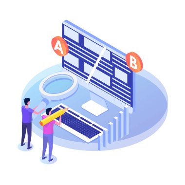 Bir AB karşılaştırma. İzometrik Konsept Testleri bölünmüş. Vektör çizim.