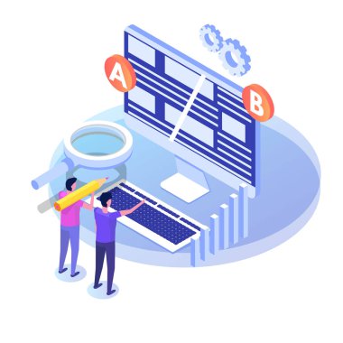 Bir AB karşılaştırma. İzometrik Konsept Testleri bölünmüş. Vektör çizim.