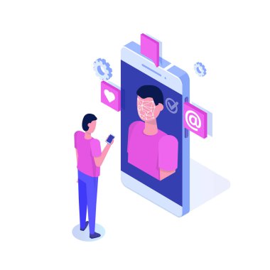 Biyometrik güvenlik kimliği, hareket eden app için açılış sayfası şablonu yüz tanıma sistemi izometrik kavramı. Vektör çizim.