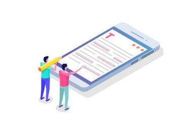 Düzenlenebilir çevrimiçi belge. Yaratıcı yazarlık, hikaye anlatma, metin yazma. Çevrimiçi eğitim, uzaktan öğrenme konsepti. Isometric Vektör illüstrasyonu.