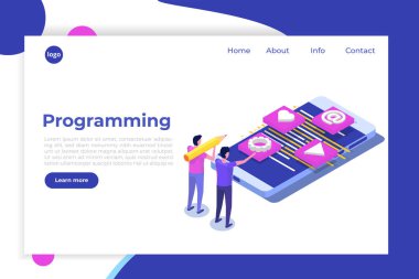 Kodlama, yazılım geliştirme, programlama izometrik kavramı, program kodu ekranında, büyük veri işleme, bilgisayar. Açılış sayfası templete.