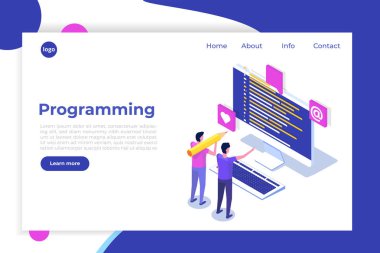 Kodlama, yazılım geliştirme, programlama izometrik kavramı, program kodu ekranında, büyük veri işleme, bilgisayar. Açılış sayfası templete.