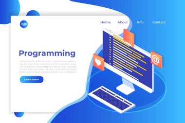 Kodlama, yazılım geliştirme, programlama izometrik kavramı, program kodu ekranında, büyük veri işleme, bilgisayar. Açılış sayfası templete.