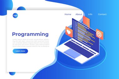 Kodlama, yazılım geliştirme, programlama izometrik kavramı, program kodu ekranında, büyük veri işleme, bilgisayar. Açılış sayfası templete.