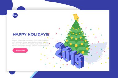 Mutlu yeni yıl 2019 izometrik kavramı. Tebrik kartları, poster, afiş için 3B şablon.