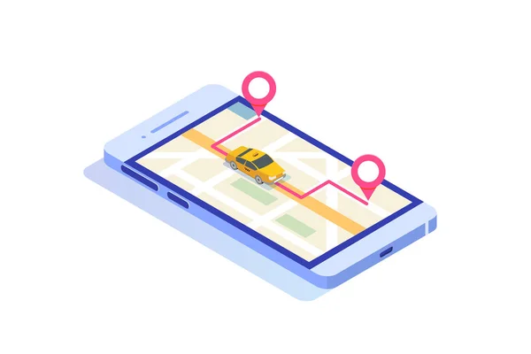 Online Mobile Taxi App Isometrisches Konzept Gps Routenpunkt Und Gelbes — Stockvektor