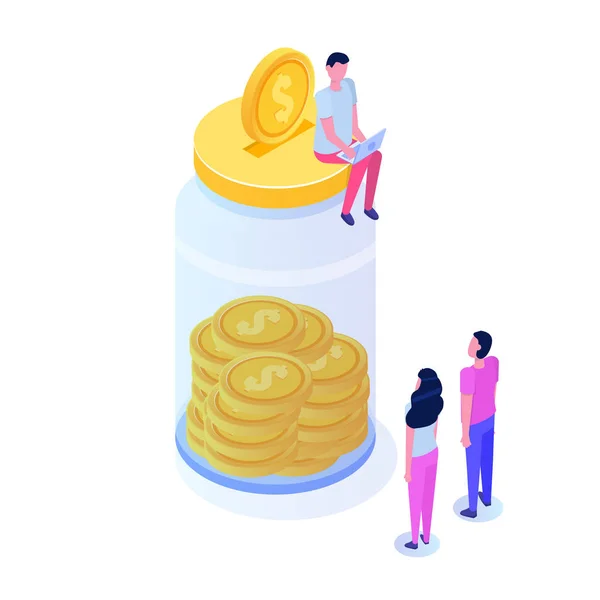 美元硬币在罐子 成功的金融增长等距概念与成堆的金币 向量例证 — 图库矢量图片
