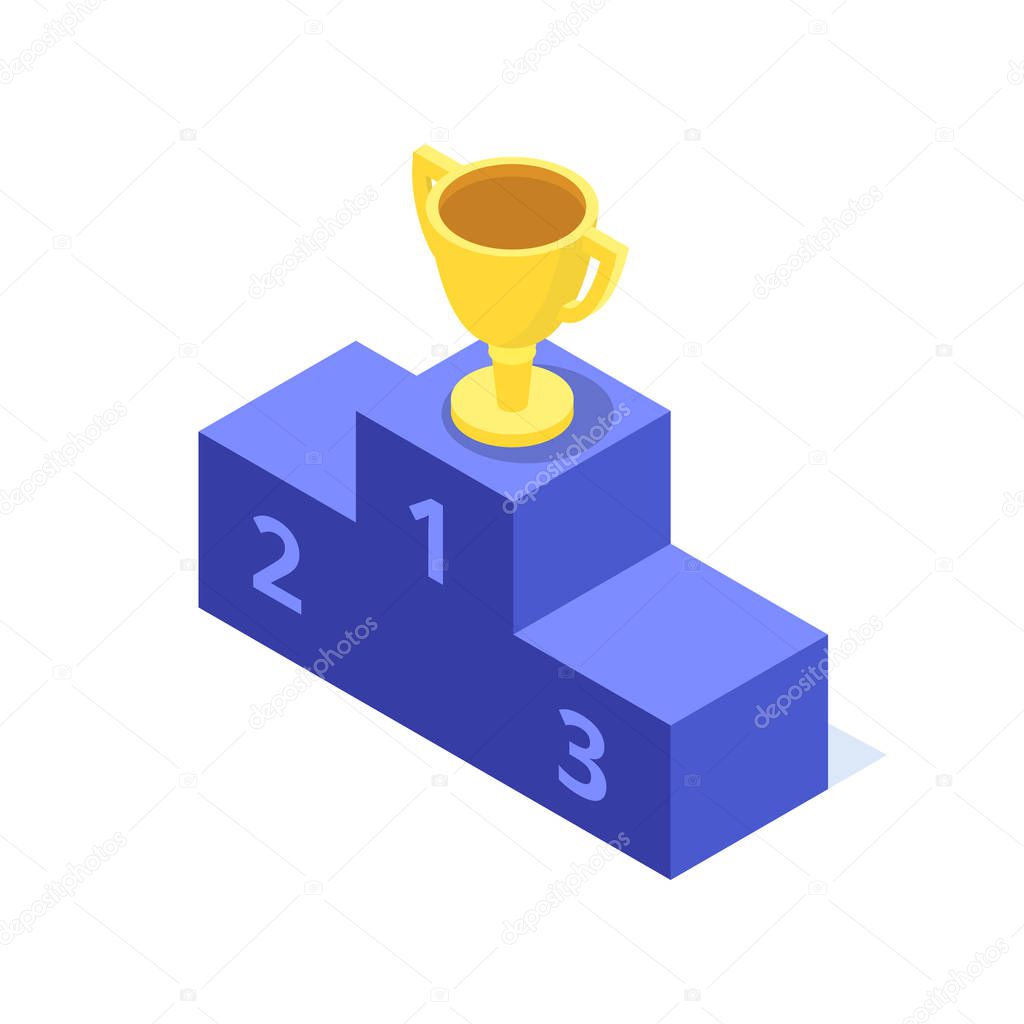 The golden cup stands on the top step of the pedestal, isometric image