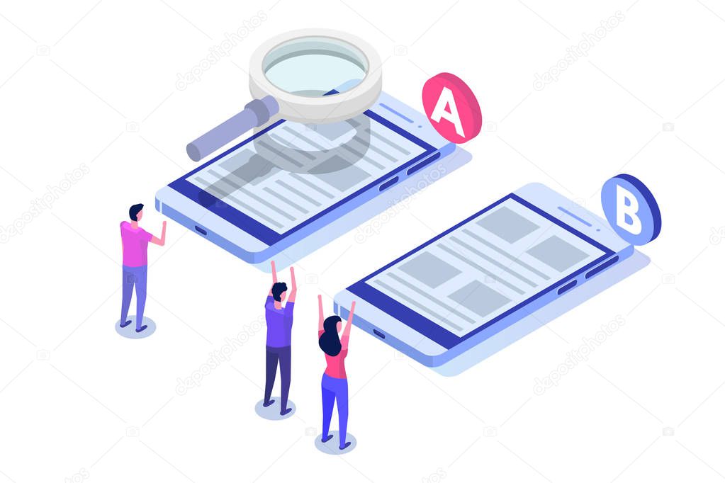 A-B comparison. Split testing isometric concept. Vector illustration.