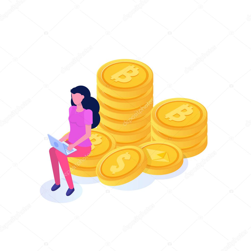 Rich businesswoman sitting on coin, bitcoin columns isometric concept. Vector illustration