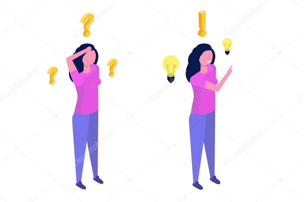 Problem solving concept. Isometric woman thinking with question mark and light bulb icons.