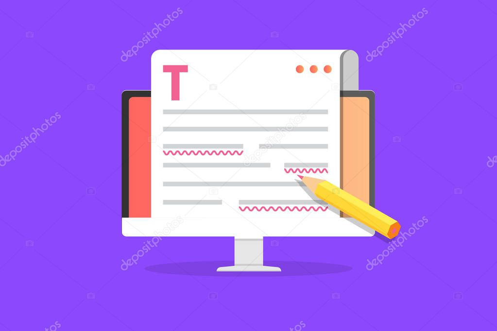 Editable online document. Creative writing and storytelling, copywriting . Online education, distant learningconcept. Vector illustration.