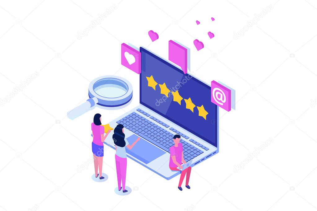 Customer review, Usability Evaluation,  Feedback,  Rating system isometric concept. Vector illustration