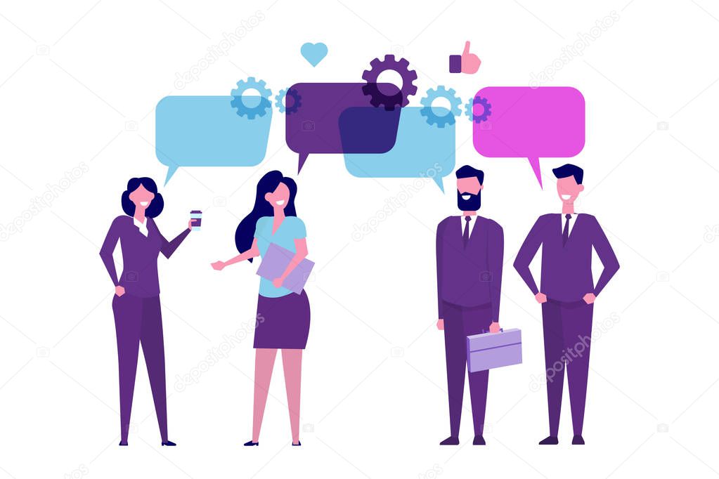 Businessmen discuss social network, news, chat, dialogue speech bubbles. Vector illustration.