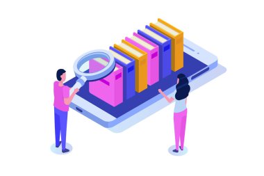 Online dijital kütüphane isometrik, online kitap dükkanı, e-öğrenme, ebook. Vektör çizimi.