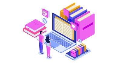 Online dijital kütüphane isometrik, online kitap dükkanı, e-öğrenme, ebook. Vektör çizimi.