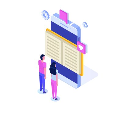 Online dijital kütüphane isometrik, online kitap dükkanı, e-öğrenme, ebook. Vektör çizimi.