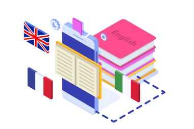 Dil okulu, online öğrenme. çevirmen isometrik vektör il