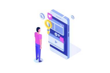 Web seo optimizasyon illüstrasyon kavramı isometrik. Açılış sayfası şablonu. Web afişi, web sayfası, afiş, sunum, sosyal medya, belgeler, kartlar, posterler için etiket.
