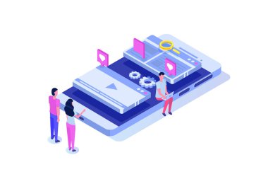 Web seo optimizasyon illüstrasyon kavramı isometrik. Açılış sayfası şablonu. Web afişi, web sayfası, afiş, sunum, sosyal medya, belgeler, kartlar, posterler için etiket.