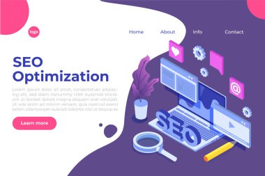 Web seo optimizasyon illüstrasyon kavramı isometrik. Açılış sayfası şablonu. Web afişi, web sayfası, afiş, sunum, sosyal medya, belgeler, kartlar, posterler için etiket.