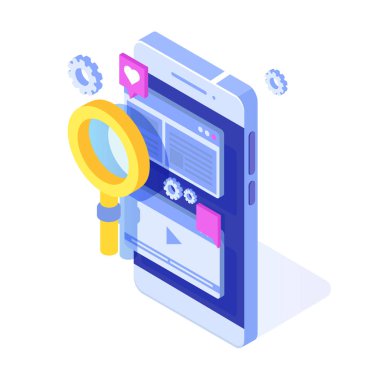 Web seo optimizasyon illüstrasyon kavramı isometrik. Açılış sayfası şablonu. Web afişi, web sayfası, afiş, sunum, sosyal medya, belgeler, kartlar, posterler için etiket.