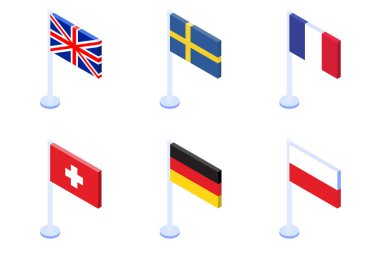 Ülkelerin simgelerinin isometrik bayrağı. Vektör çizimi. 