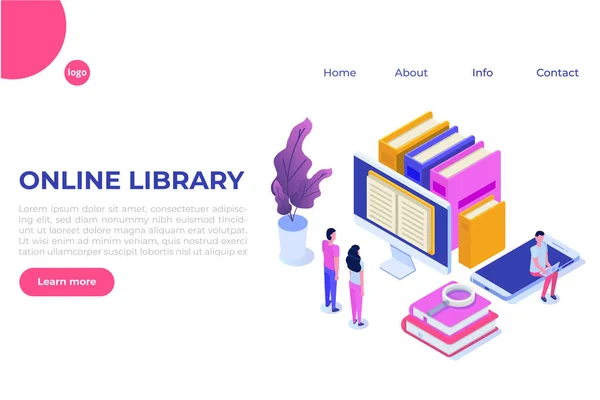 Online digital library isometric, online book shop, e-learning, eBook. Vector illustration.