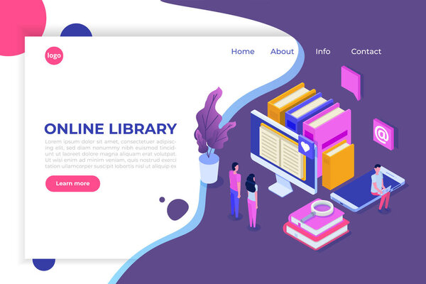 Online digital library isometric, online book shop, e-learning, eBook. Vector illustration.
