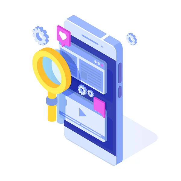 Web seo optimizasyon illüstrasyon kavramı isometrik. Açılış sayfası şablonu. Web afişi, web sayfası, afiş, sunum, sosyal medya, belgeler, kartlar, posterler için etiket. — Stok Vektör