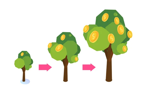 Árvore de dinheiro com moedas crescendo, ícone de investimento de negócios conceito isométrico . — Vetor de Stock